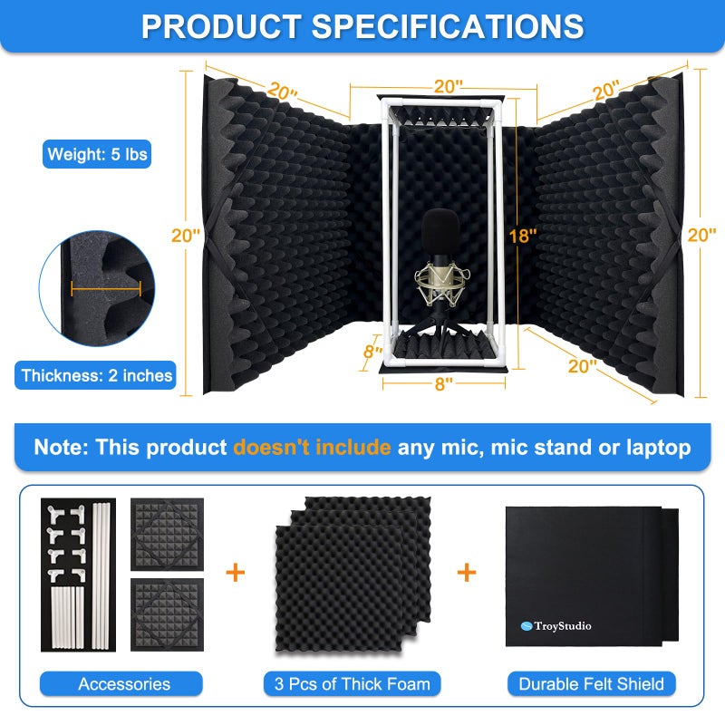 TroyStudio Large Microphone Isolation Shield, Foldable Vocal Booth Reflection Filter, 2 Inches Thick Acoustic Foam Panel Music Sing Podcast Recording Studio Adjustable Sound Box for Desk & Laptop - Image 2